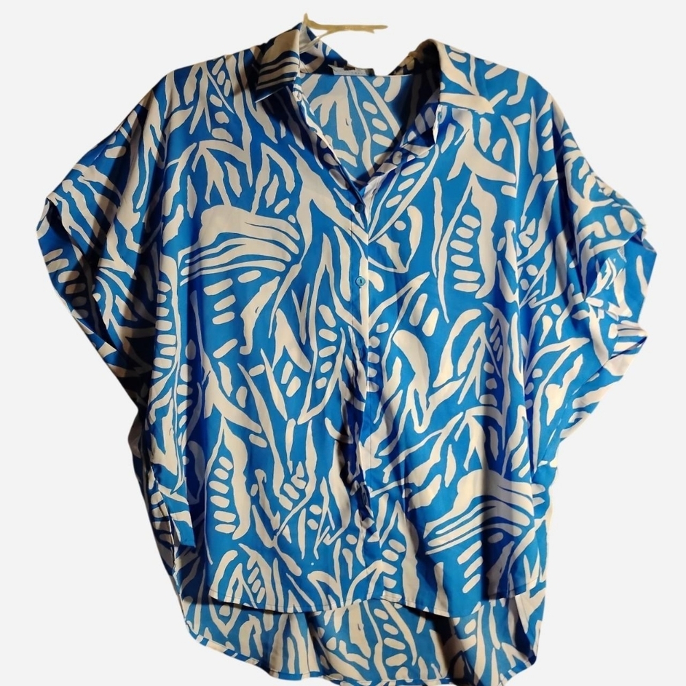 Hudson Gray Abstract Blue & White Dolman Sleeve Blouse size Large